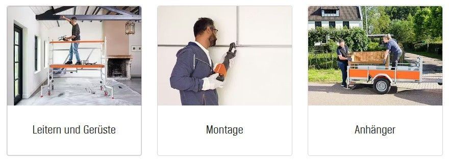 Drei Bilder zeigen verschiedene Aufgaben: Ein Mann auf einem Gerüst malt einen Raum, ein Mann repariert etwas an einer Wand und ein Mann mit einem Anhänger lädt eine Holzkiste.