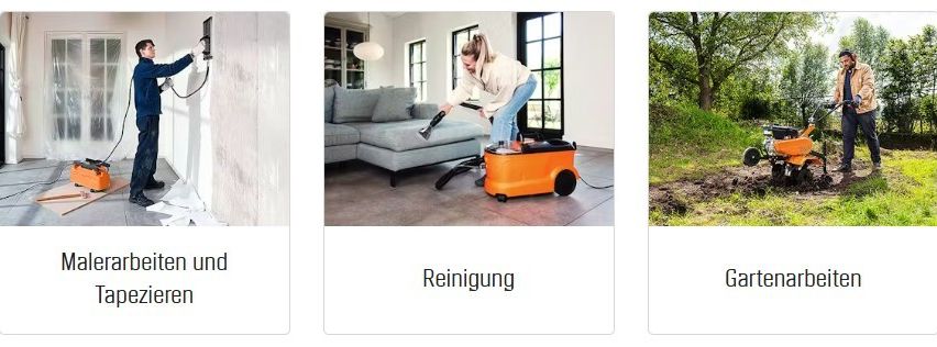 Drei Bilder zeigen einen Mann bei verschiedenen Aufgaben. Das erste ist Malen, das zweite ist Putzen und das dritte ist Gartenarbeit. Jedes Bild hat eine Beschriftung in Deutsch.