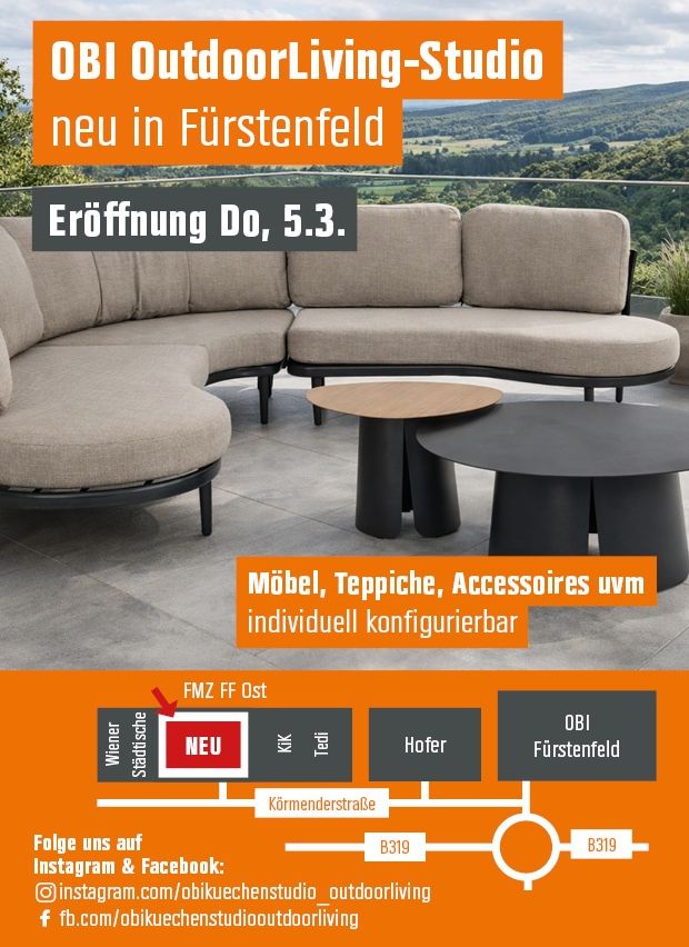 Werbeplakat fur das neue OBI OutdoorLiving Studio in Furstenfeld. Eroffnung am Donnerstag, 5. Marz. Das Studio bietet individuell konfigurierbare Mobel, Teppiche und Accessoires.
