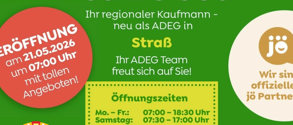 Eröffnung von ADEG Plazotta am 21.05.2026 um 19:00 Uhr. Öffnungszeiten: Montag bis Freitag 7:00 - 18:30 Uhr, Samstag 7:30 - 17:00 Uhr. Ab 9 Uhr Glücksrad und Produktpräsentation 'Mare Nostrum' ab 12 Uhr.