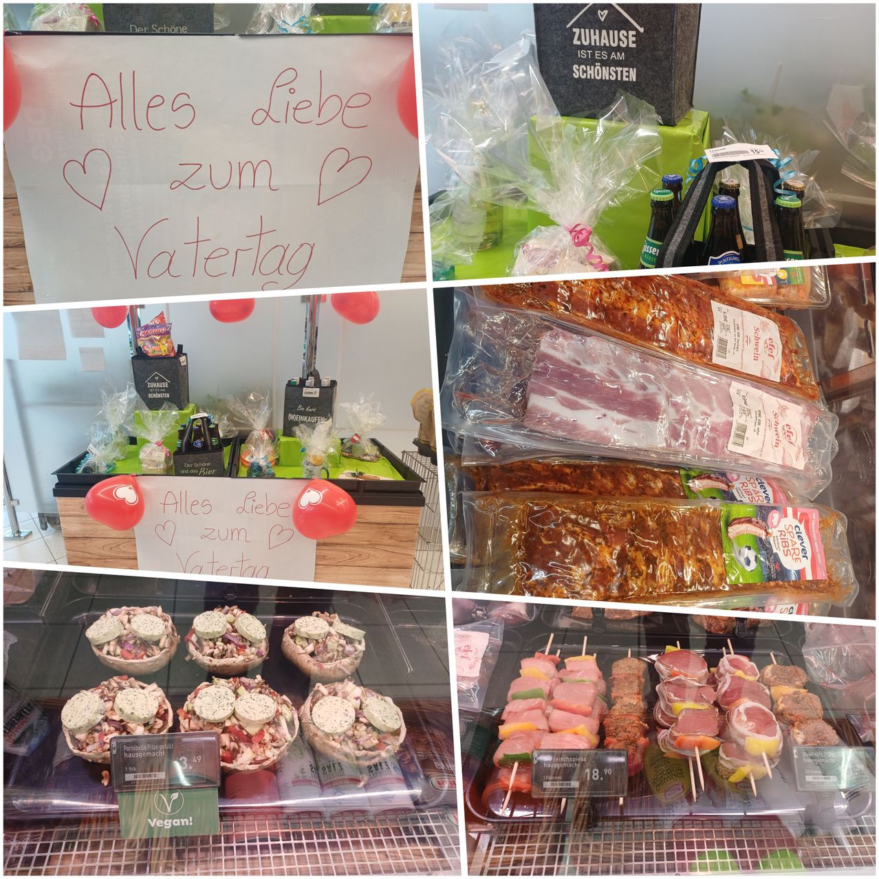 A collage with six images: first, a sign with red text 'Alles liebe zum Vatertag' and red balloons; second, packaged meat; third, kebabs on sticks; fourth, a tray with sandwiches; fifth, a box with beer bottles; sixth, wrapped gifts.