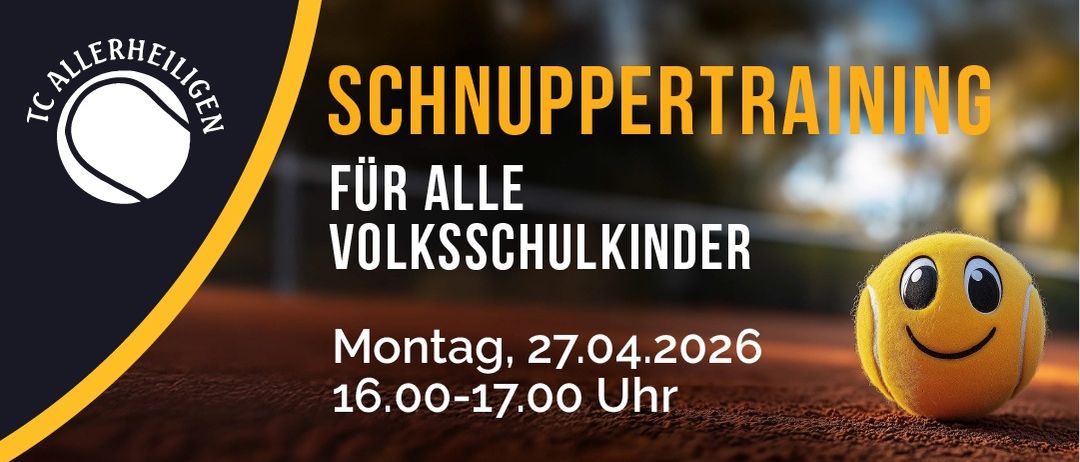 Plakat für ein Tennistraining für alle Grundschüler am 27.04.2026 von 16:00-17:00 Uhr.