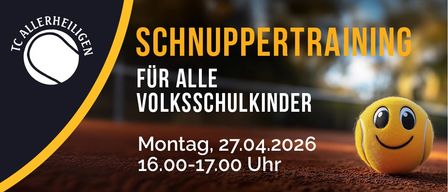 Plakat für ein Tennistraining für alle Grundschüler am 27.04.2026 von 16:00-17:00 Uhr.