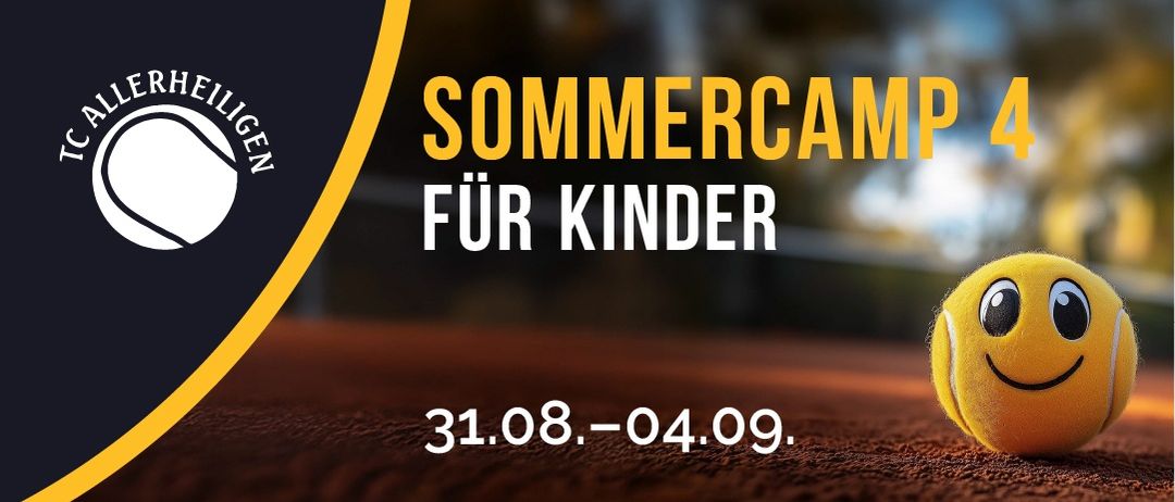 Plakat für ein Sommercamp für Kinder, mit einem Tennisball und den Daten vom 31. August bis 4. September.