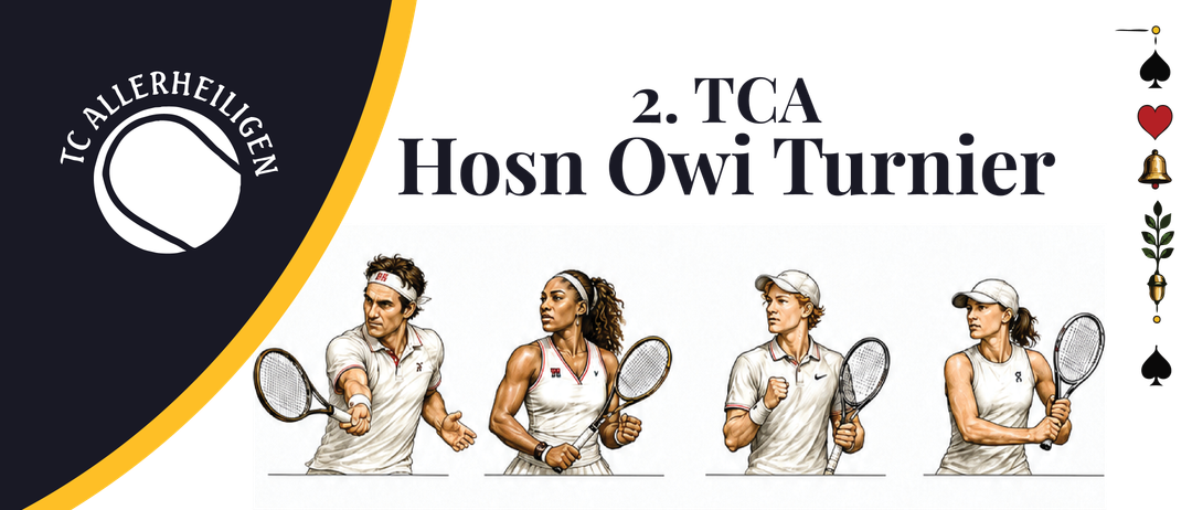 Drei Tennisspieler in Aktion: ein Mann und zwei Frauen, alle in weißen Uniformen mit roten Akzenten. Der Mann links ist in der Mitte des Schwungs, die Frau in der Mitte hält einen Tennisschläger und der Mann rechts ist in einer Faustpumpe-Geste.