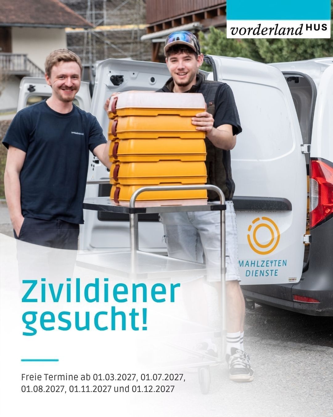 Two men stand beside a van, one holding a stack of yellow trays, with a sign reading 'Zivildiener gesucht!' in the foreground.