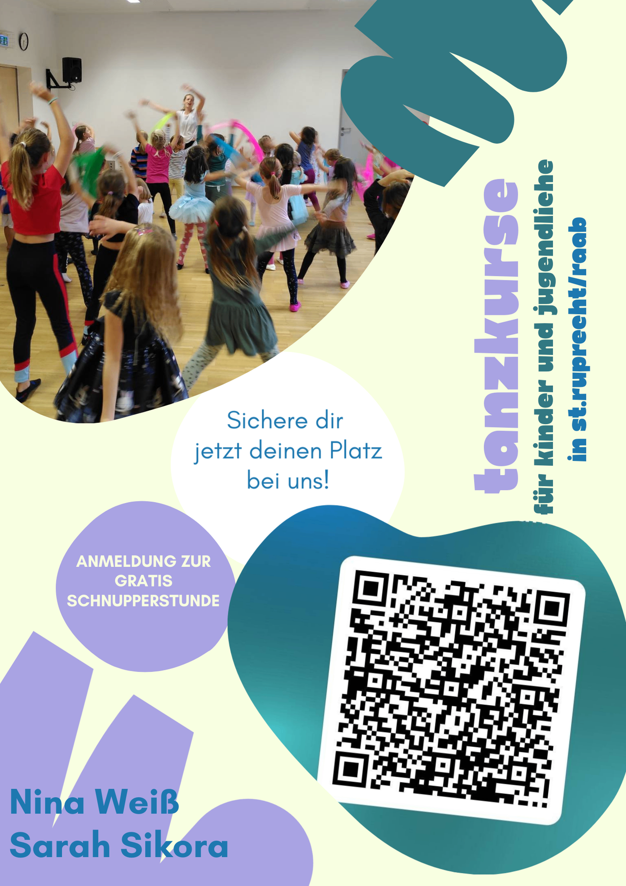 Ein Poster bewirbt eine kostenlose Probestunde für einen Tanzkurs für Kinder. Ein QR-Code ist vorhanden. Der Text ist auf Deutsch.
