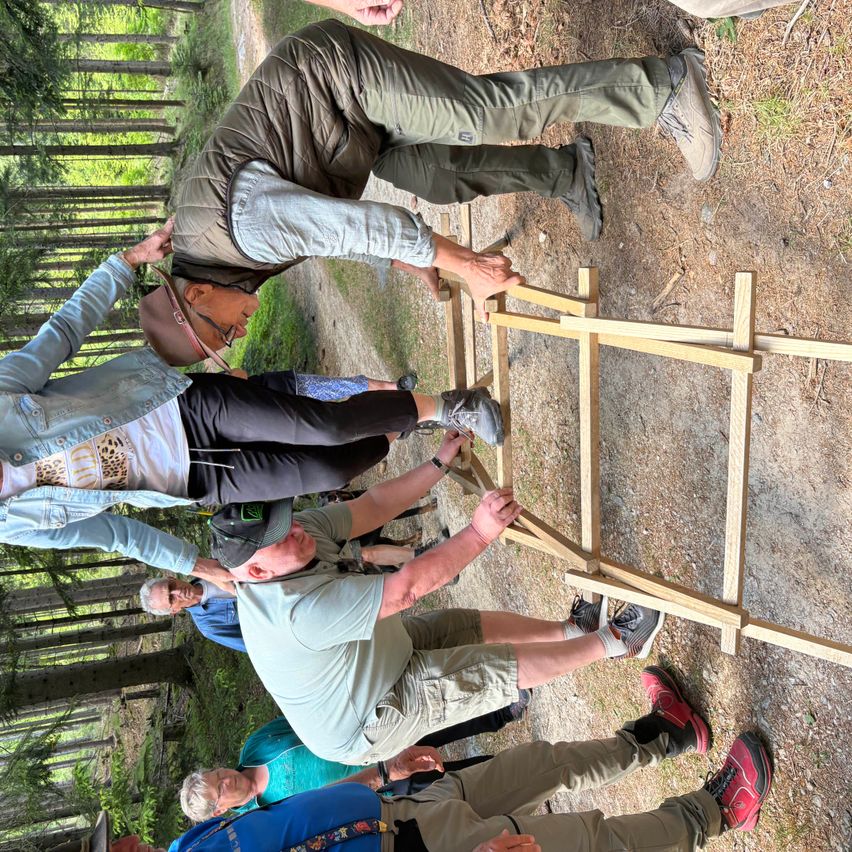 A group of hikers is fixing a wooden structure in a forest. Some are standing and others are kneeling, all wearing hiking gear.