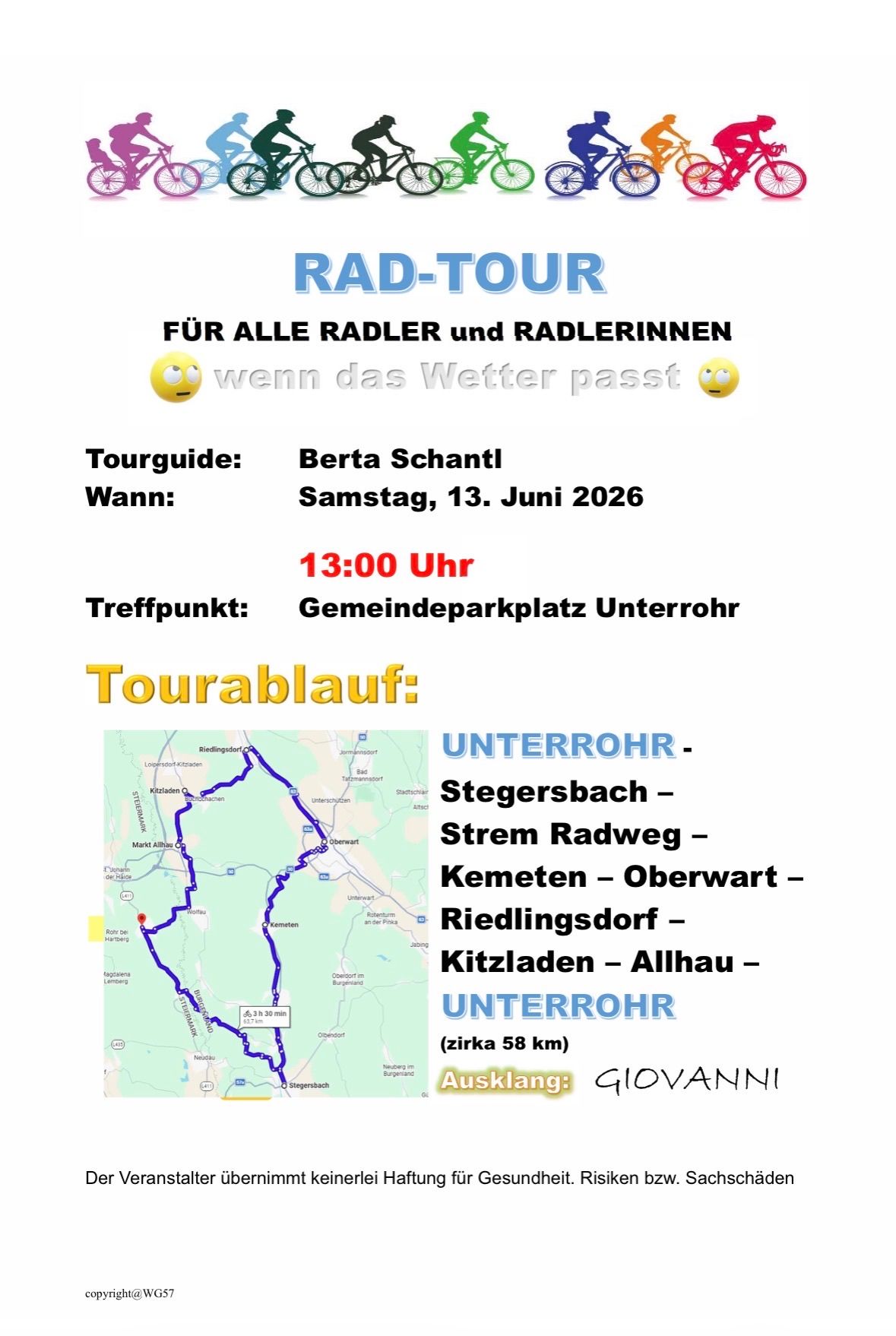 A bike tour poster advertises a Saturday, June 13, 2026, meeting at 1:00 PM at Gemeindeparkplatz Unterrohr. The route includes Stegersbach, Strem Radweg, Kemeten, Oberwart, Riedlingsdorf, Kitzladen, Allhau, and Unterrohr. Tour guide is Berta Schantl. Total distance is approximately 58 km.