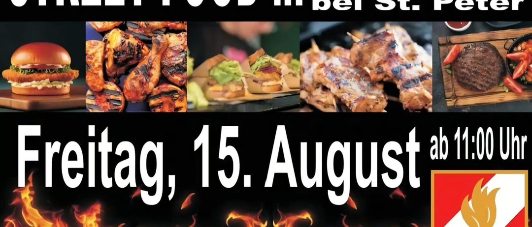 Eine Werbung für Street Food in Perbersee. Gegrillte Lebensmittelbilder mit Feuerhintergrund. Die Veranstaltung findet am 15. August statt.