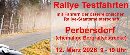 A rally car drives on a road with a grass verge. A sign reads Rallye Test. The date is 12th March 2026.