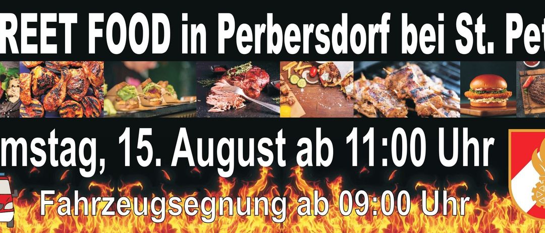 Werbeplakat für D in Perbersdorf mit verschiedenen Lebensmitteln und einem Feuerhintergrund. Das Plakat enthält einen Zeitplan von Veranstaltungen, die ab August um 11 Uhr beginnen und um 21 Uhr enden.