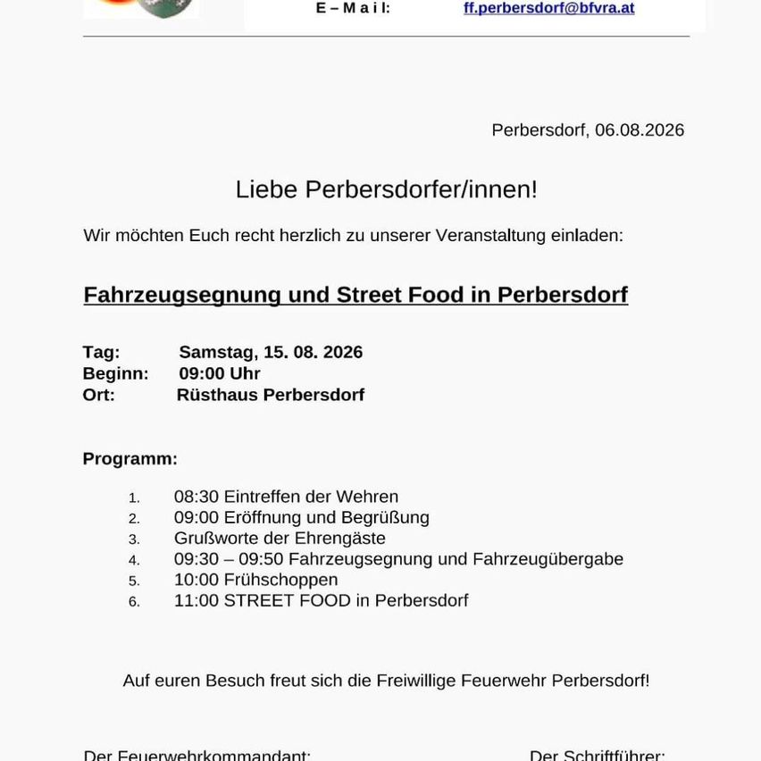 Eine Einladung für eine Veranstaltung in Perbersdorf am 06.08.2026 mit Fahrzeugparade und Street Food. Die Veranstaltung beginnt um 09:00 Uhr und umfasst Begrüßung, Eröffnung, Grußworte, Parade und Street Food.