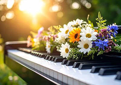 Ein Klavier, geschmückt mit einem farbenfrohen Blumenstrauß, fängt einen Moment des Zusammenspiels von Natur und Musik im warmen Sonnenlicht ein.