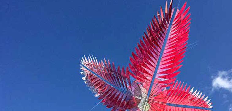 Eine leuchtend rote federähnliche Struktur schwebt gegen einen klaren blauen Himmel mit einer kleinen weißen Wolke in der Ferne.