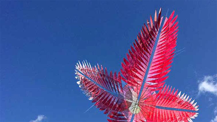 Eine leuchtend rote federähnliche Struktur schwebt gegen einen klaren blauen Himmel mit einer kleinen weißen Wolke in der Ferne.