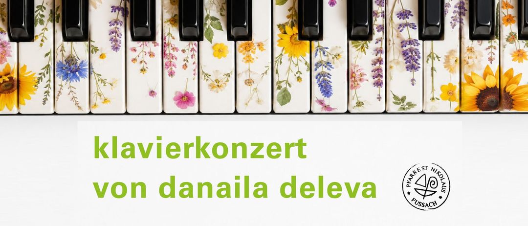 Ein Klaviertastatur mit mit Blumen verzierten Tasten, beschriftet mit 'klavierkonzert von danaila deleva' und einem Logo unten rechts.