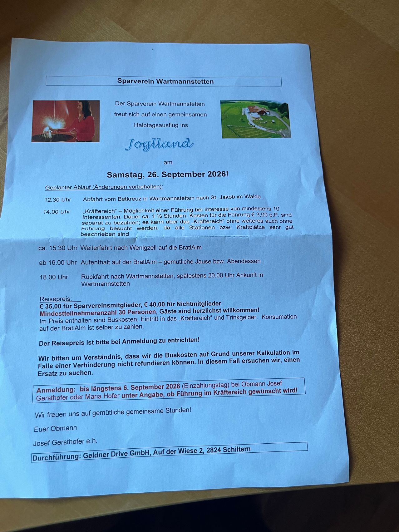 A flyer for a guided tour on September 26, 2026, includes details about a journey from Wartmannstetten to St. Jakob im Walde. The tour offers a 1.5-hour break at the BrattAlm, with a return to Wartmannstetten by 8 PM. The price is 35 euros for a group of 30 people, including a guided tour of the 'Krafterei' and a tasting room. The flyer also mentions that the tour is subject to a minimum of 10 participants.