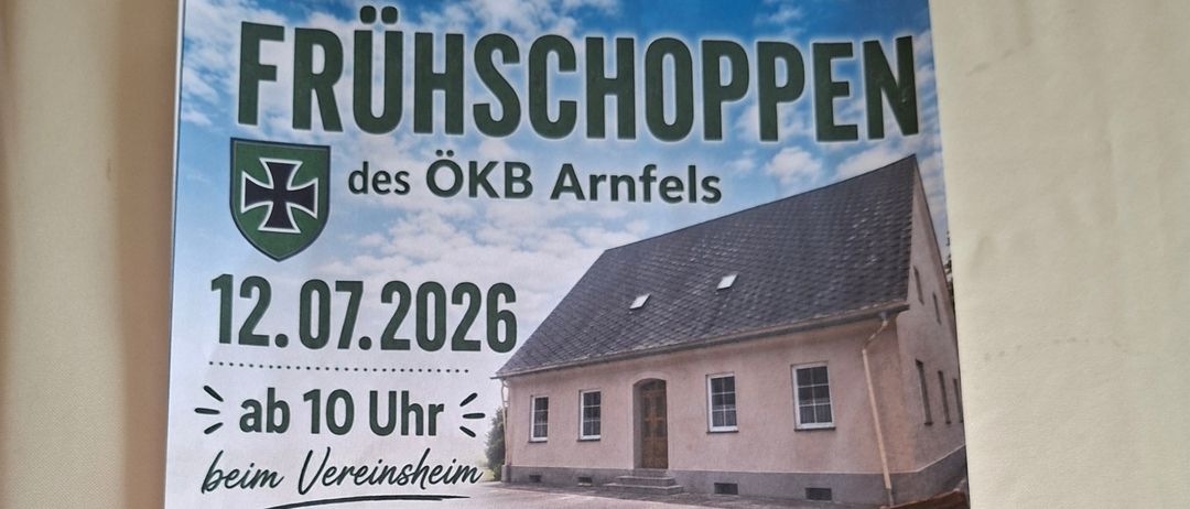 Plakat für das Fruhschopppen-Event am 12.07.2026, mit einem Haus, Musikinstrumenten und einem Zelt für Outdoor-Essen. Einladung zur geselligen Zusammenkunft.