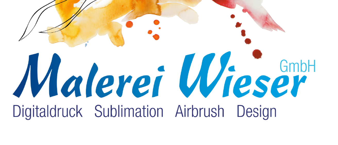 Eine farbenfrohe Aquarellmalerei des Pferdekopfes mit den Worten 'Malerei Wieser GmbH' und aufgeführten Dienstleistungen darunter.
