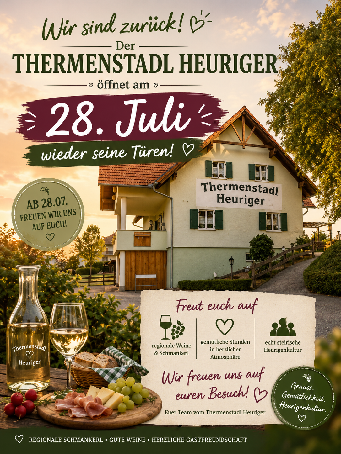 Eine Werbung für Thermenstadt Heuriger, eine Wein- und Snack-Verkostung, mit einem Haus, einem Schild, Weingläsern und einem Korb mit Brot und Käse. Das Datum ist der 28. Juli.