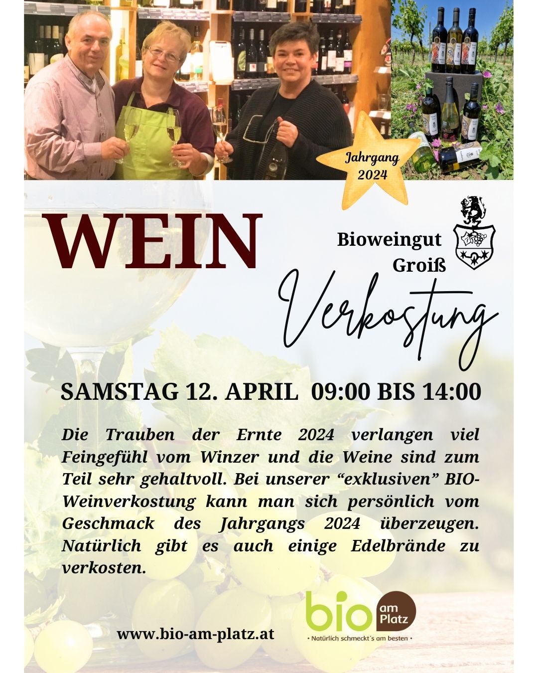 Ein Plakat mit einer Gruppe von Menschen und Weinflaschen, mit dem Text 'Wein Verkostung Samstag 12. April 09:00 bis 14:00'. Es scheint eine Einladung für eine Weinverkostung zu sein.