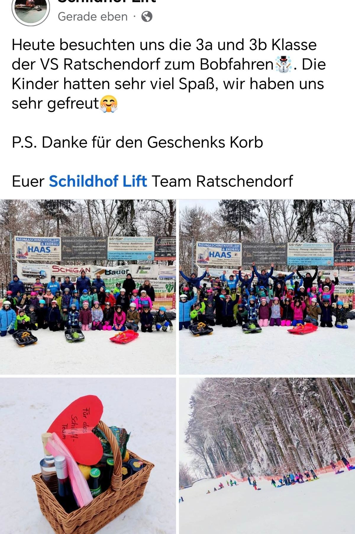 Die Bilder zeigen Kinder und Erwachsene im Schnee. Der Text lautet 'P.S. Danke für den Geschenkskorb' und 'Euer Schildhof Lift Team Ratschings'. Die Kinder tragen Jacken und Helme, und es gibt Schlitten auf dem Boden.