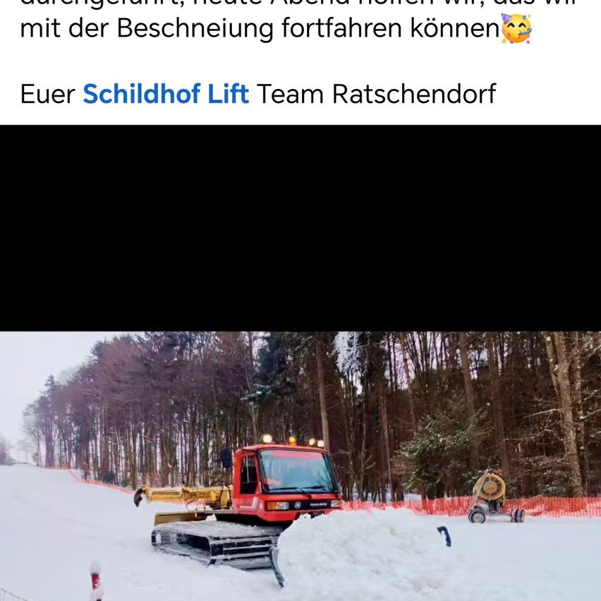 Snowplows are clearing the path for skiers. Schildhof Lift Team Ratsching. Snow-covered trees and a snowy mountain.