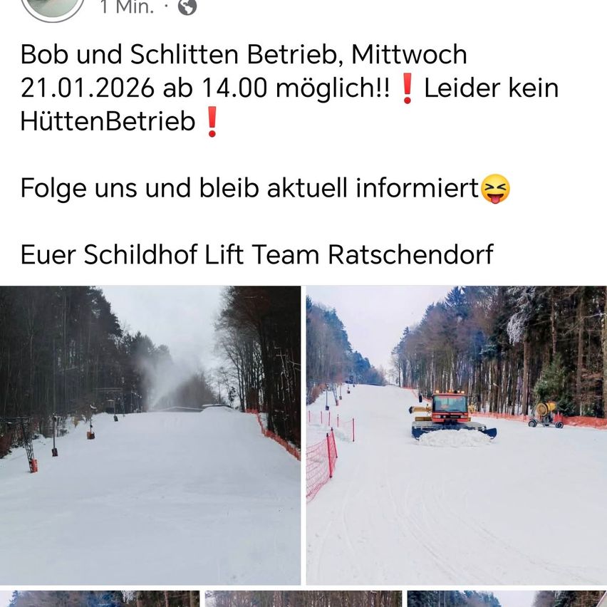 An announcement for Bob and Sledding Operation on Wednesday, January 21, 2026 at 2:00 PM. No hut operation. Follow for updates. Image of snowy slopes.