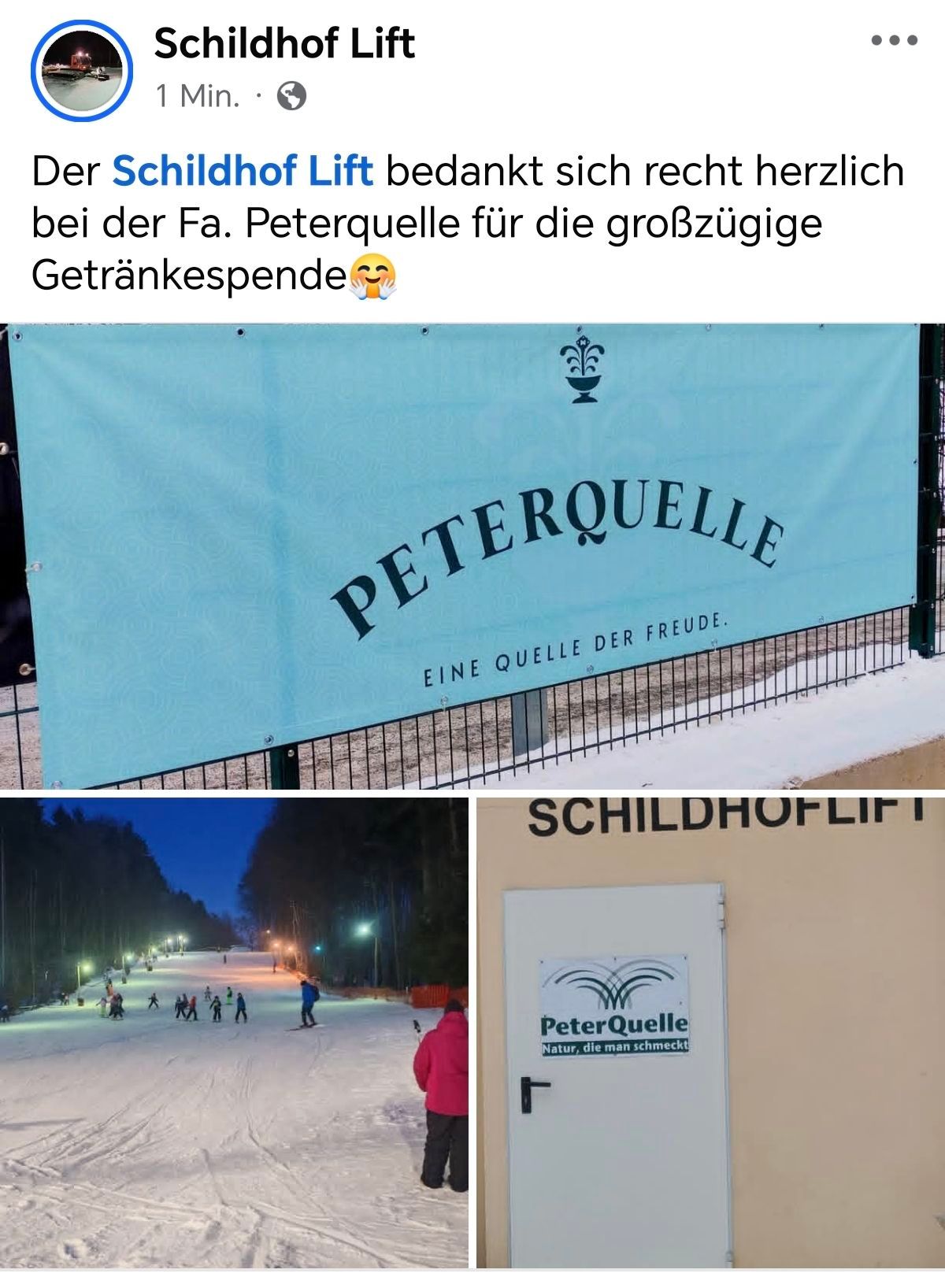 A poster advertising Peterquelle, a source of joy, is seen near a ski lift. A snowy landscape with people skiing is shown below.