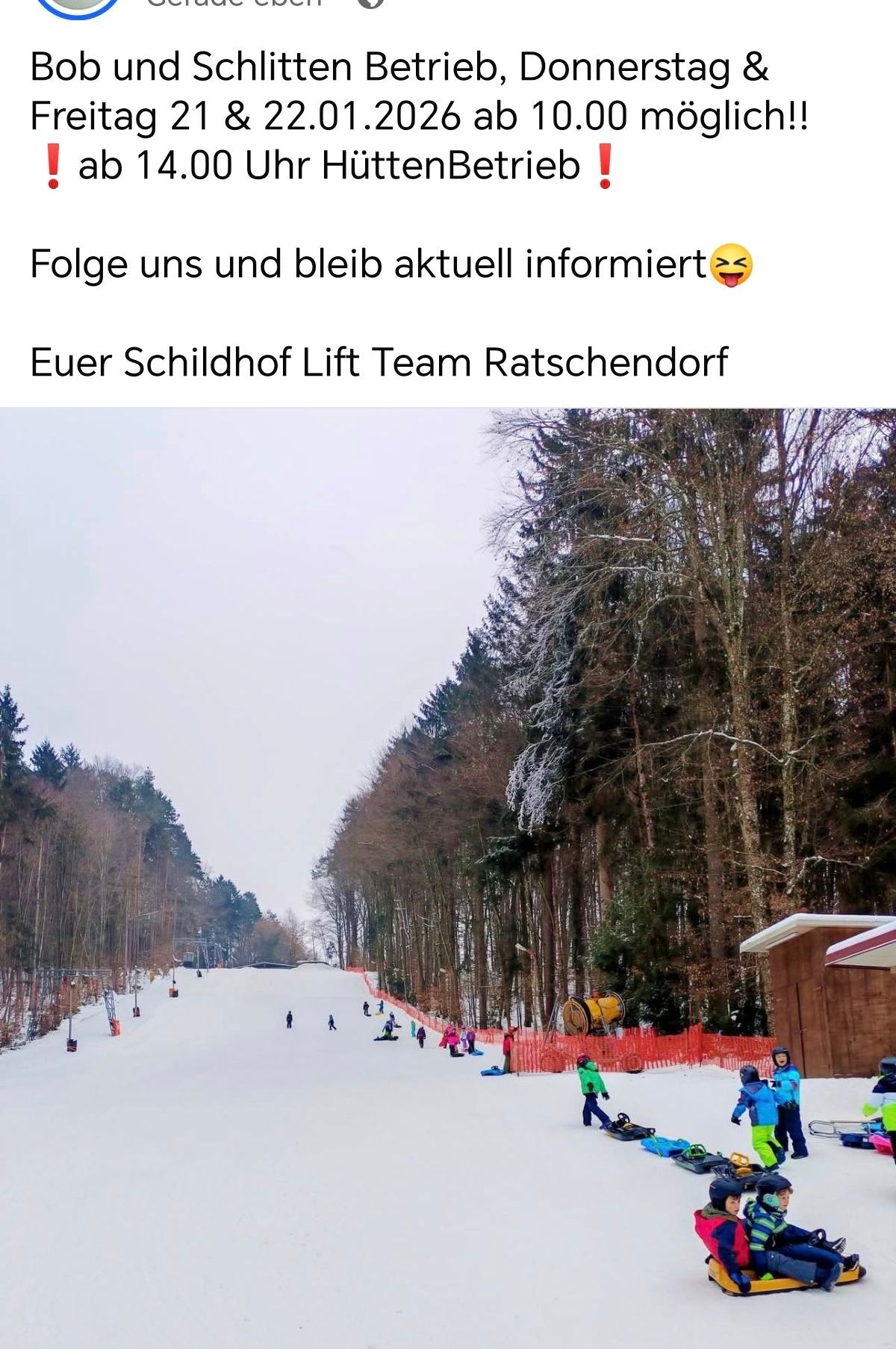 A winter scene with a snow-covered slope, several people skiing or snowboarding, and a ski lift in the background. The text above says 'Follow us and stay updated.'