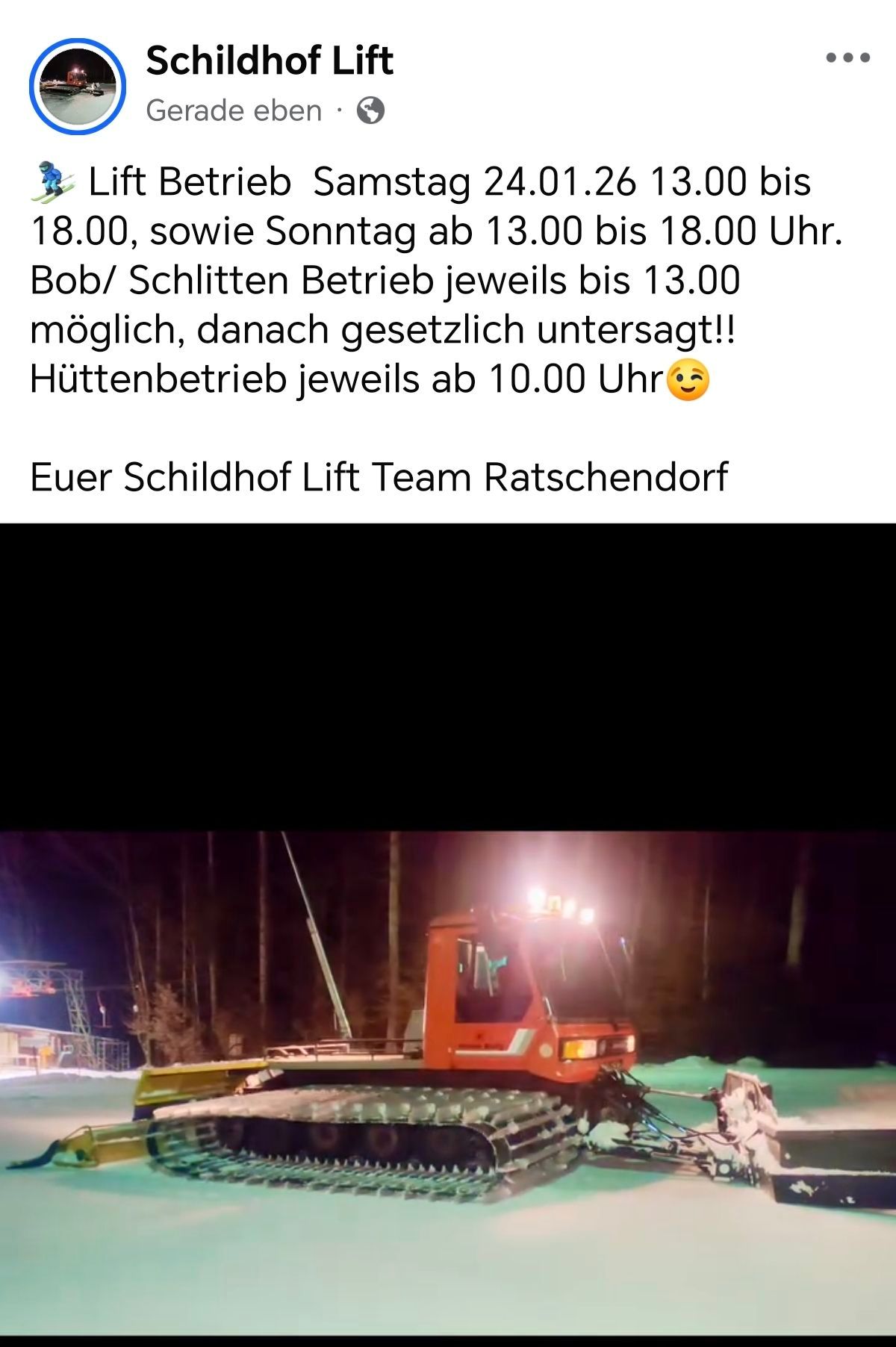 A red snowplow with headlights on, plowing snow at night. The text reads: 'Bob/Sledding operation possible until 1:00 pm, then legally prohibited!' The schedule for Sunday is from 1:00 pm to 6:00 pm.