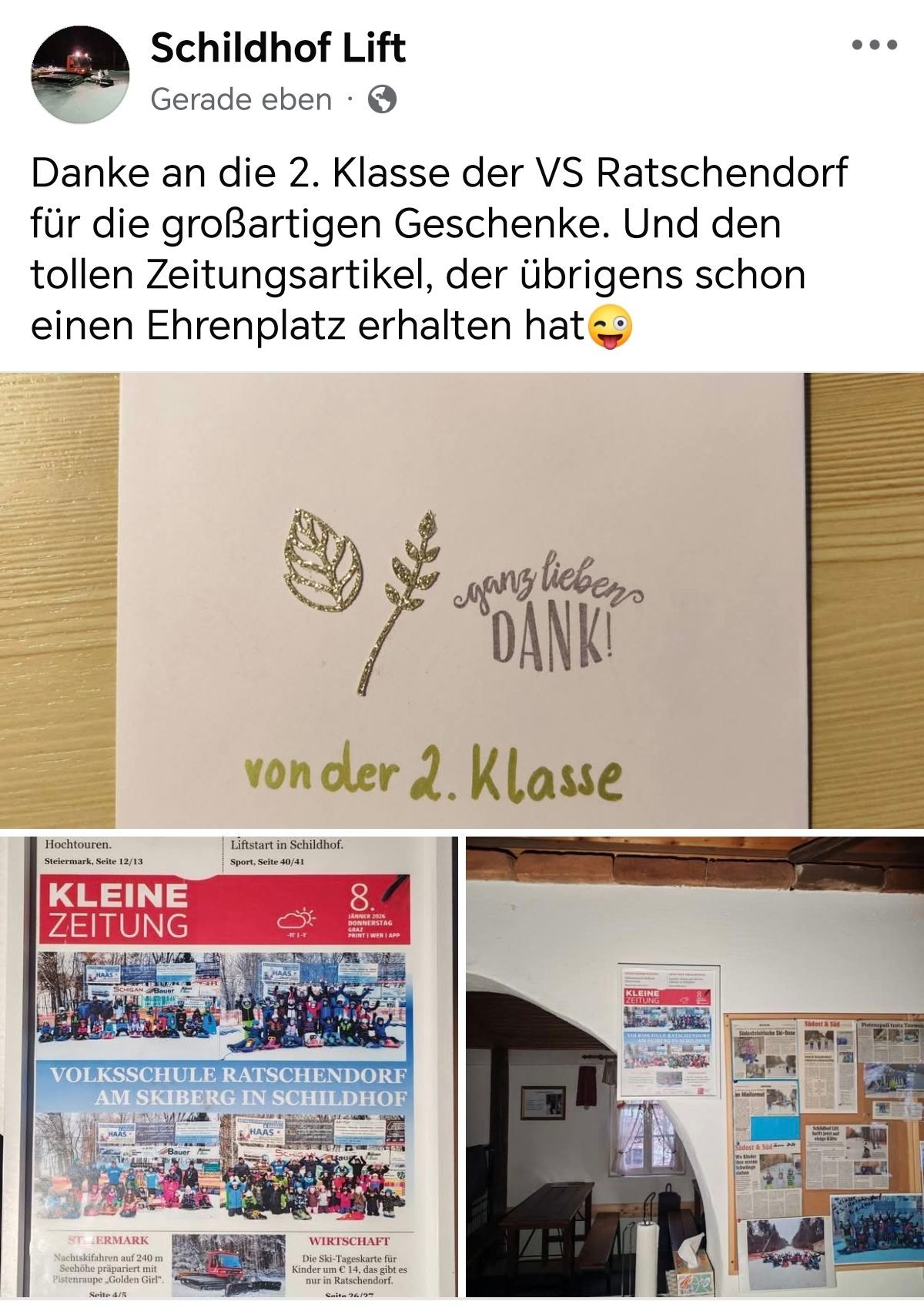 Ein Bild einer Karte mit einer Dankesbotschaft und einem Blattdesign. Unten ein Zeitungsausschnitt über einen Skiausflug der Schule mit Bildern von Schülern. Rechts ein Bulletin-Board mit Zeitungen und Ankündigungen.