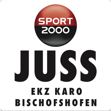 Das Logo für Juss Sport 2000, mit einem roten Kreis und weissem Text, wird auf einem weissen Hintergrund angezeigt. Der Name Juss ist in fetten schwarzen Buchstaben geschrieben.