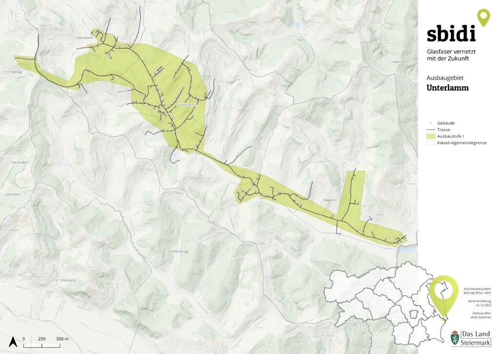 Eine topografische Karte, die Oberfährn, Unterfährn, Stein und Maßland mit grün getönten Bereichen zeigt. Die Karte enthält auch eine kleinere Karte im unteren rechten Eck.