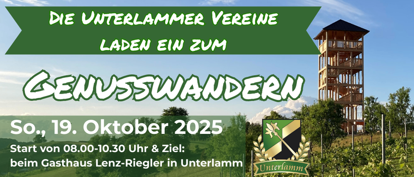 Plakat mit Einladung des Unterlamm Vereins zur Weinverkostung am 19. Oktober 2025 im Gasthaus Lenz-Riegl in Unterlamm.