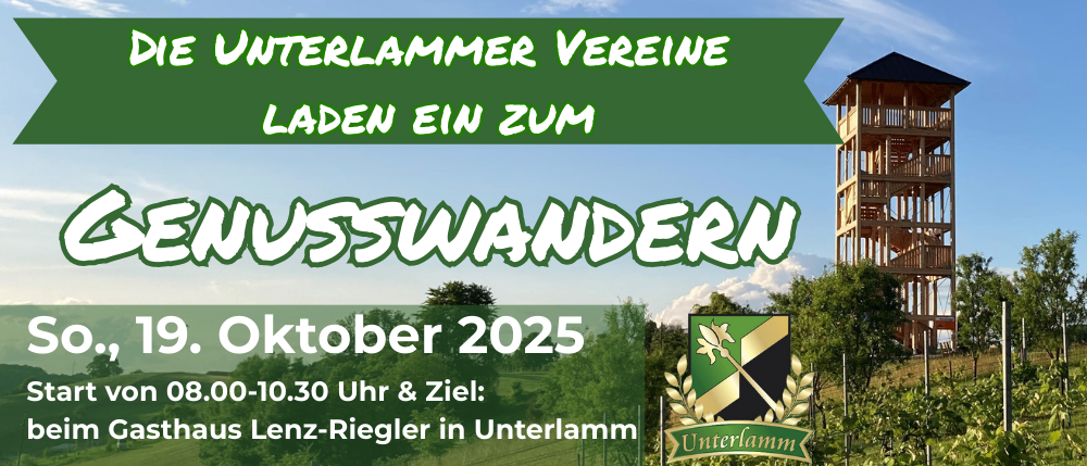 Plakat mit Einladung des Unterlamm Vereins zur Weinverkostung am 19. Oktober 2025 im Gasthaus Lenz-Riegl in Unterlamm.