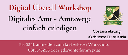 Ein rosa Banner bewirbt ein kostenloses digitales Workshop, vorausgesetzt eine aktivierte ID, mit Anmeldeschluss am 3. November. Kontaktdetails sind angegeben.