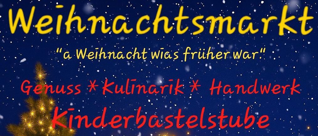 Beleuchteter Weihnachtsbaum, Stern und Krippe an einer verschneiten Nacht. Der Text lautet 'Genuss Kulinarik Handwerk Kinderbastelstube'. Der Ort ist 'Jausezeit Gastehaus Auszeit Magland'.