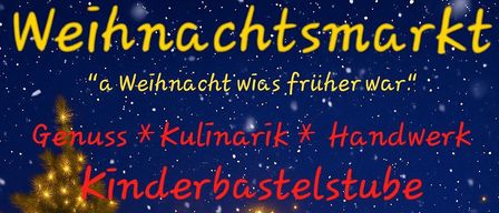 A Christmas tree with lights and a star above, a nativity scene, and animals. Snow on rocks and the text 'Genuss Kulinarik Handwerk Kinderbastelstub'. German text below.