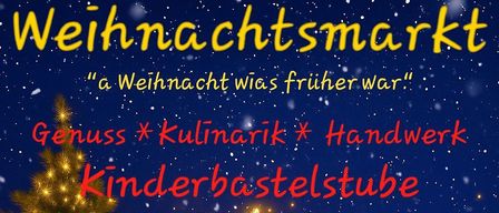 Eine festliche Szene mit einem Weihnachtsbaum, einem Stern, einer Krippe und Tieren in einer verschneiten Umgebung. Der Text lautet 'Genuss Kulinarik Handwerk Kinderbastelstube' und 'Wo: Jausenzeit Gastehaus Auszeit.'