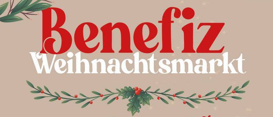 Ein Plakat für den Benelizia Weihnachtsmarkt mit zwei Frauen in Weihnachtsmützen, die sich umarmen. Es findet am 22., 23., 29. und 30. November 2025 im Pflegezentrum Unterlamm statt.