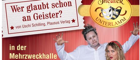 Plakat für eine Veranstaltung in der Mehrzweckhalle Unterlamm. Es zeigt einen Mann und eine Frau in theatralischer Maske. Termine und Zeiten für Veranstaltungen im Januar 2026 sind aufgeführt, zusammen mit einer Service-Telefonnummer und einem QR-Code für die Kartenreservierung.