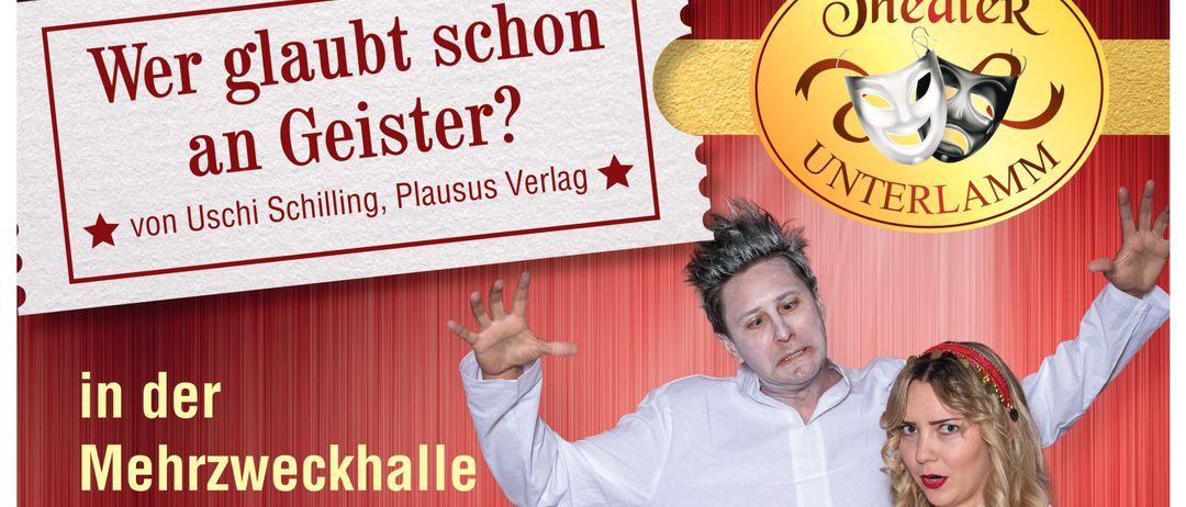 Plakat für eine Veranstaltung in der Mehrzweckhalle Unterlamm. Es zeigt zwei Personen, einen Mann und eine Frau, wobei der Mann ein weißes Hemd trägt und die Frau ein rotes und weißes Outfit. Termine und Uhrzeiten für die Veranstaltung sind aufgeführt, zusammen mit einer Service-Telefonnummer und einem QR-Code für die Ticketbuchung.