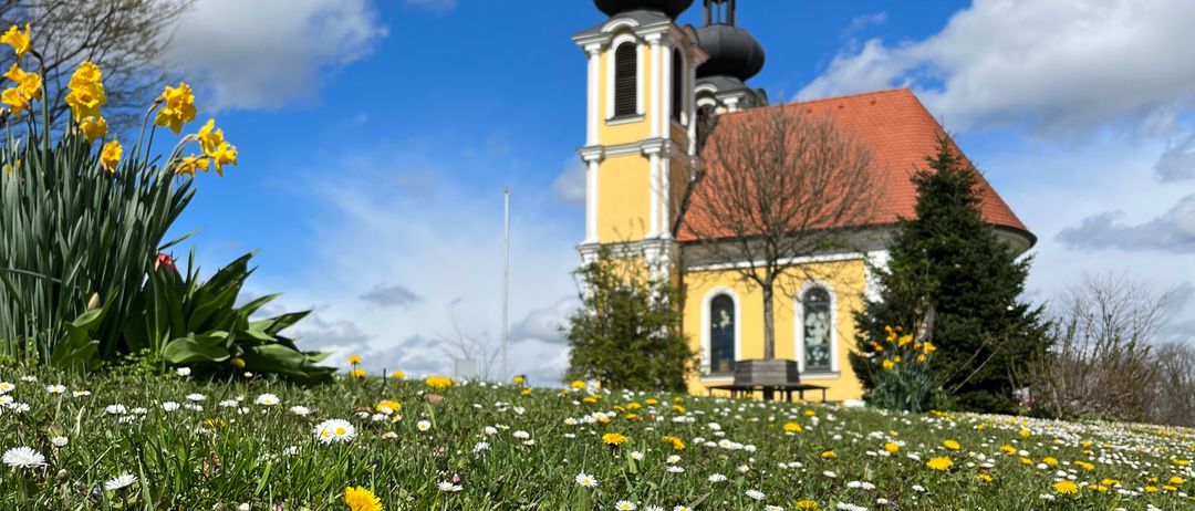Eine Kirche mit rotem Dach und gelben Wänden steht in einem Feld voller Löwenzahn und Gänseblümchen unter einem blauen Himmel mit Wolken.