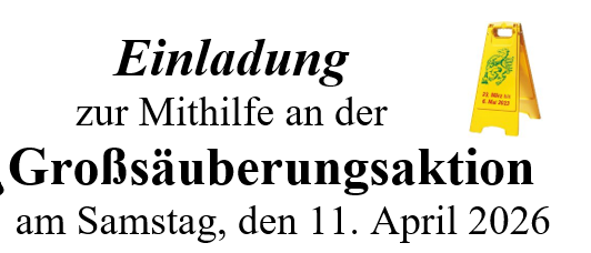 Einladung zur Mithilfe bei der Großreinigungsaktion am Samstag, den 11. April 2026. Ein Mann mit Besen und ein Warnschild.
