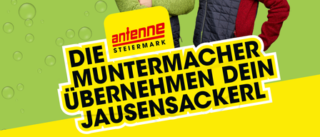 Ein Werbeplakat zeigt zwei lächelnde Frauen in Jacken. Der Text lautet 'Die Muntermacher übernehmen dein Jausensackerl'. Die Veranstaltung findet am 22. Mai zwischen 8:00 und 10:00 Uhr bei Nah & Frisch Maurer & Schaar statt.