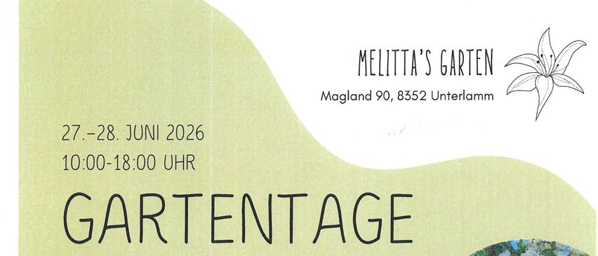 Gartenveranstaltung am 27.-28. Juni 2026, von 10:00 bis 18:00 Uhr. Genießen Sie einen Tag in einem zauberhaften Garten mit Blumen, kreativen Eisenkunstwerken, selbstgebackenen Gerichten und erfrischenden Getränken. Wir freuen uns auf Sie!