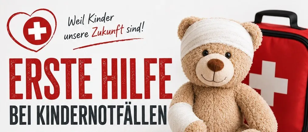 Plakat für einen Erste-Hilfe-Kurs für Kinder, mit einem Teddybären mit verbundenem Arm, einem roten Kreuz und einem Erste-Hilfe-Set. Der Kurs behandelt bewusstlose Kinder, Erstickung, Fieberkrämpfe, Verletzungen, Blutungen, Verbrennungen und viele praktische Übungen. Geplant für Samstag, 21. November 2026, von 8:00 bis 16:00 Uhr in Unterlamm.