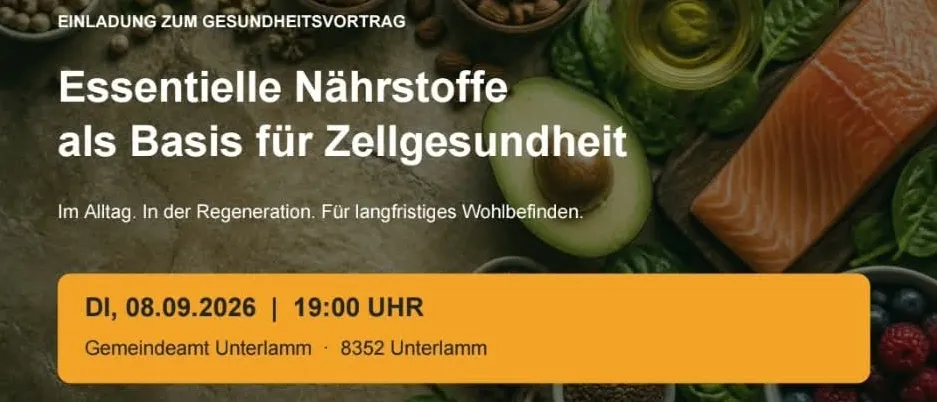 Eine Webseite für ein Seminar über Zellgesundheit und Ernährung, mit einer Referentin namens Kerstin Krejci, mit Datum und Uhrzeit 08.09.2026 um 19:00 Uhr und einem Ort in Unterlamm.